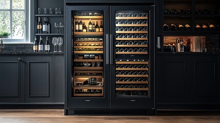 Dark, modern wine cooler in a sophisticated kitchen