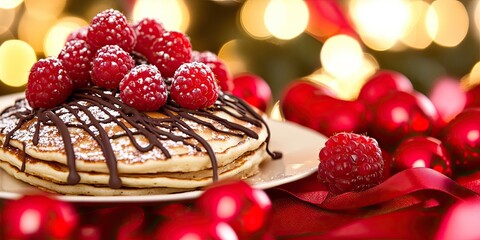 Naklejka premium Festive chocolate-drizzled pancakes topped with fresh raspberries