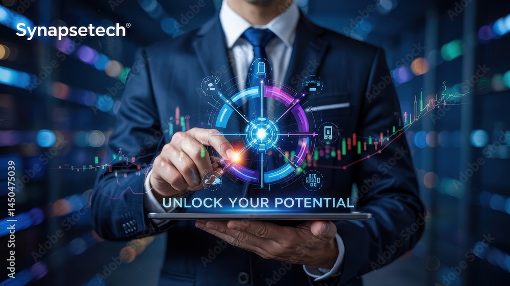 Poster businessman interacting with digital interface displaying unlocking potential.