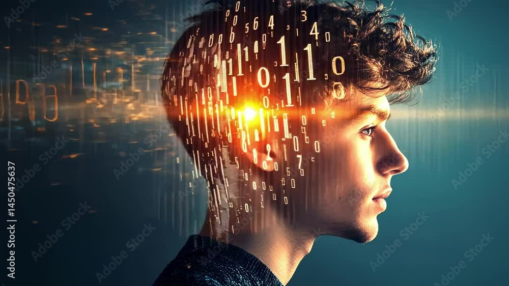 Poster Artificial intelligence concept showing binary code visualization streaming from a young man's head, suggesting data processing and analysis