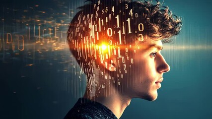 Artificial intelligence concept showing binary code visualization streaming from a young man's head, suggesting data processing and analysis - Powered by Adobe
