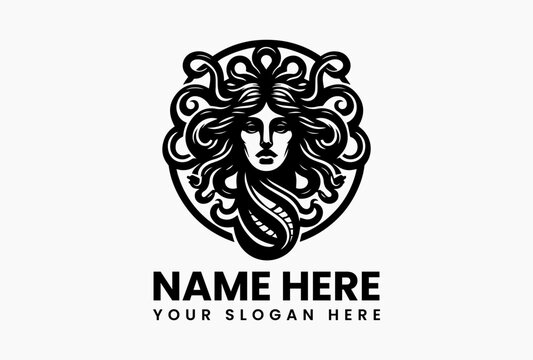 Artistic vector logo of Medusa with snake-covered head, mythological gorgon symbol isolated on white background for ancient, mystical, and fantasy branding  