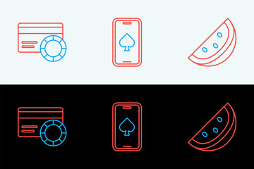 Set line Casino slot machine with watermelon, Credit card and Online poker table game icon. Vector