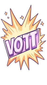 A vibrant, stylized VOTT text explosion, rendered in a comic book style with a pastel color palette and radiating starburst