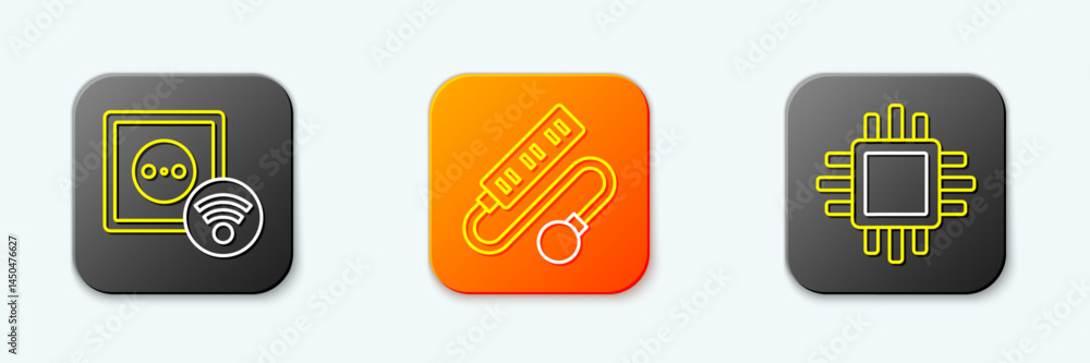 Poster set line smart electrical outlet, electric extension cord and processor with cpu icon. vector