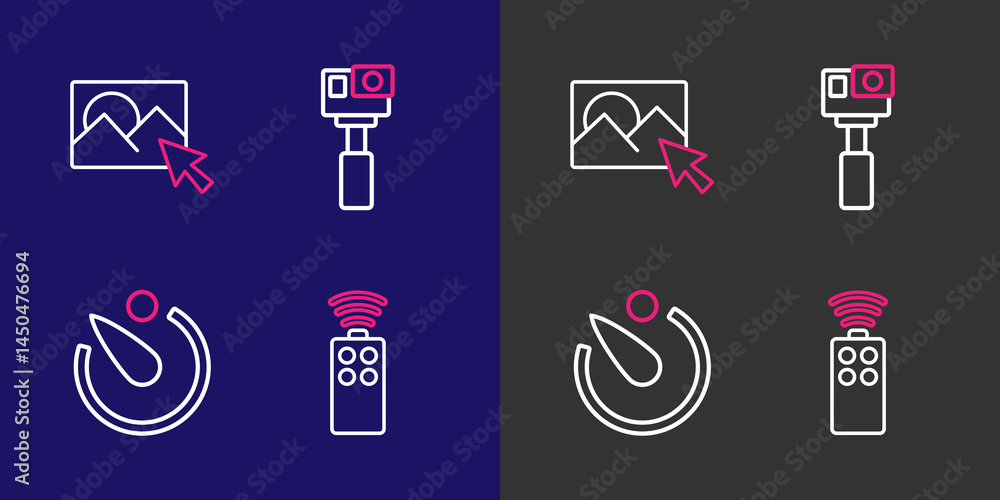 Poster set line remote control for camera, camera timer, action and photo retouching icon. vector