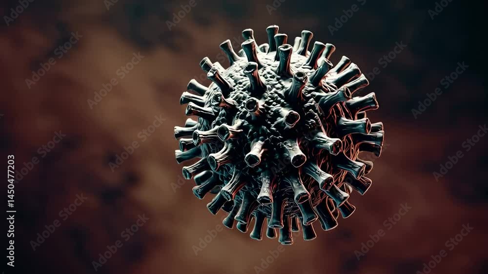 Poster Microscopic rotating viral structure highlighting biological complexity against dark textured surface, representing scientific exploration of infectious microorganism dynamics