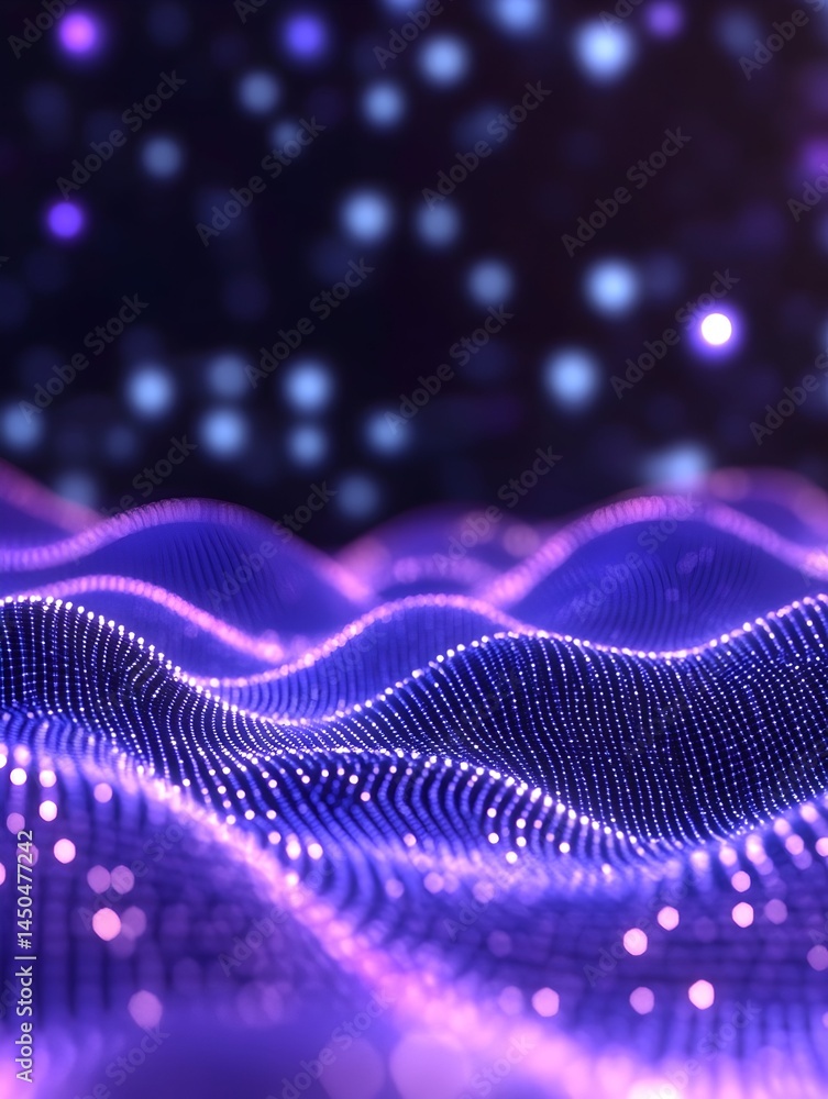 Poster abstract purple and blue undulating landscape with glowing particles and bokeh background