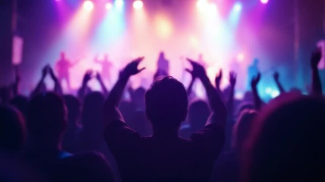 Rear back view of audience crowd people fans raising hands enjoying live music festival concert event rock band silhouettes performance sing on night club outdoor stage. 4k video blurred effect with