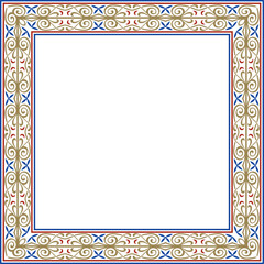 Vector square european colored ornament. Rectangular pattern, circle, ring of the Middle Ages. Revival border. Decorations of palaces and churches.
