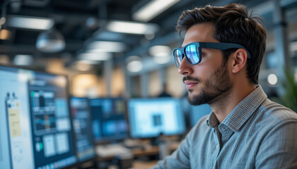 Fototapeta premium A man wearing Google Glasses using a computer in a tech office environment