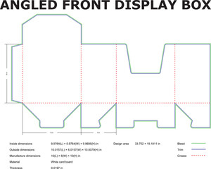 Angled front display box die cut template for cardboard packaging design with detailed dimensions and specifications layout.