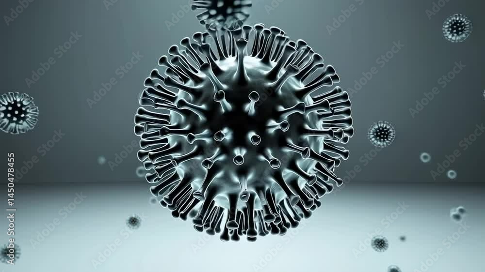 Poster metallic viral structure rotating dynamically, revealing microscopic infectious organism through det
