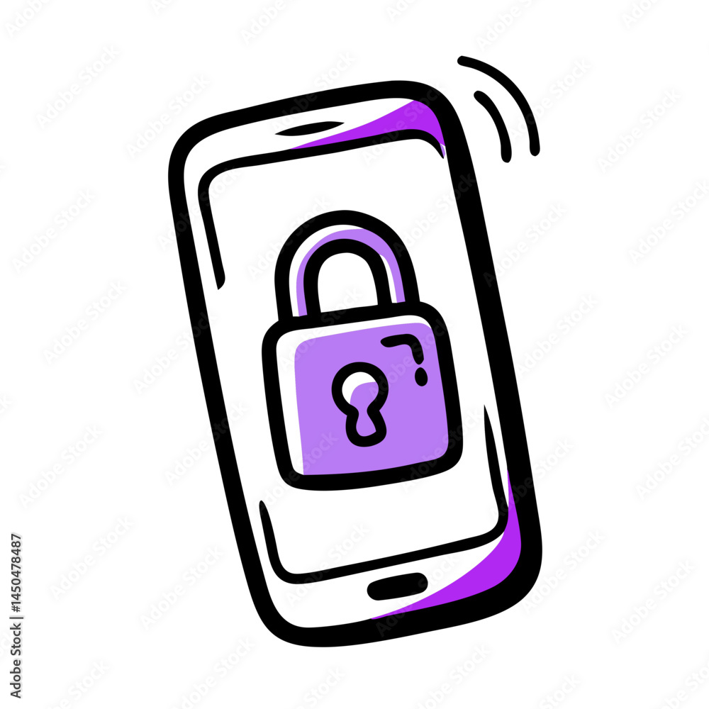 Poster smartphone security alert icon with padlock, doodle style. use for mobile app notifications, privacy