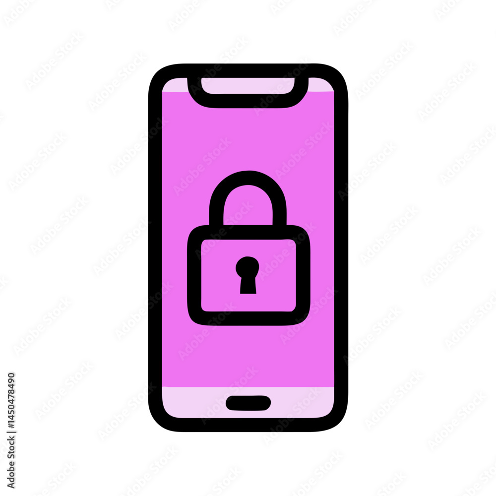 Poster smartphone security icon with padlock on a pink screen. use for mobile app interfaces, privacy guide