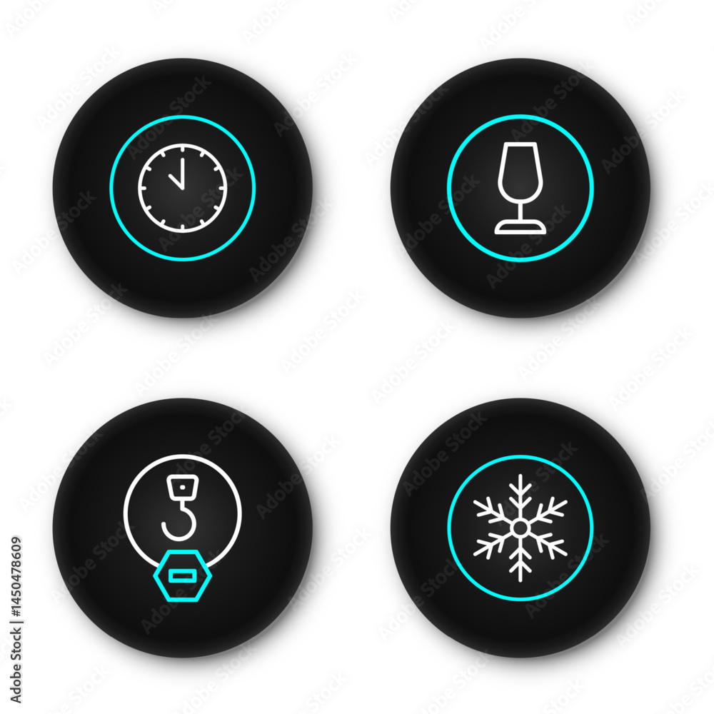 Poster set line snowflake, industrial hook, fragile broken glass and clock icon. vector
