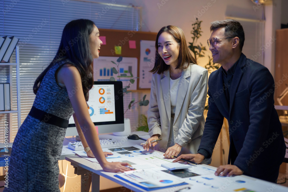 Poster business team working late night analyzing financial reports discussing project strategy using chart