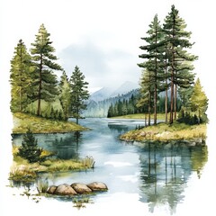 Serene Reflection of Pine Trees Over a Lake in Nature watercolor style on white background