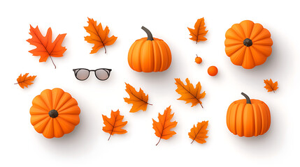 Set orange pumpkins, autumn leaves seasonal fall harvest illustration botanical composition isolated. Colorful pumpkin