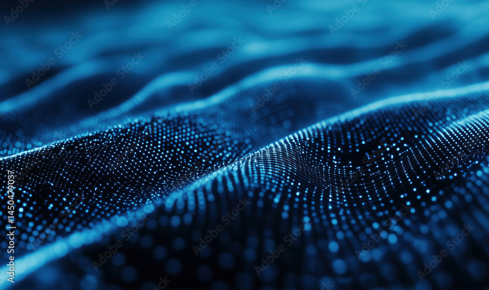 Poster abstract blue digital wave pattern with glowing particles and depth effect.