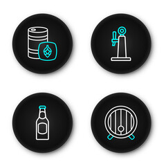 Set line Wooden barrel, Beer bottle, tap and Metal beer keg icon. Vector