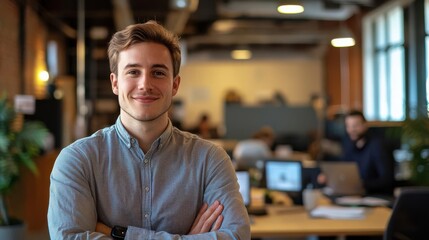 Fototapeta premium Confident startup founder in co-working space video chatting