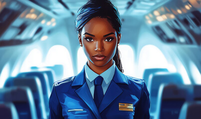 Airline flight attendant in uniform standing confidently in airplane cabin.