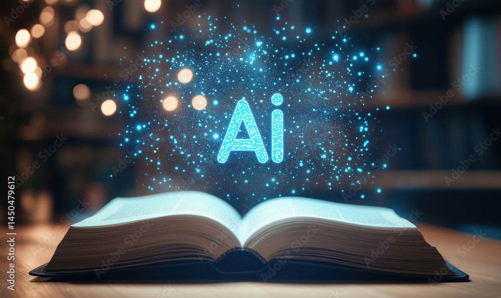 Poster artificial intelligence concept with open book and sparkling letters.