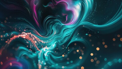 Abstract swirling nebula with vibrant teal, pink, and orange hues, speckled with glowing particles