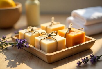 Artisan Handmade Soap Bars with Lavender and Wooden Tray