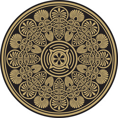 Vector gold with black classic Greek round ornament. Circle of Ancient Greece and the Roman Empire. Byzantine painting of walls, floors and ceilings. Decoration of European palaces.
