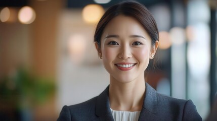 Professional Asian woman smiling during a remote video meeting