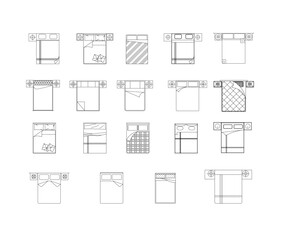 A set of detailed vector icons displaying double beds from a top view perspective. Perfect for digital interfaces, floor plans, and bedroom design applications.