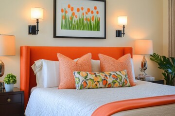 Bedroom with orange headboard design on a white background