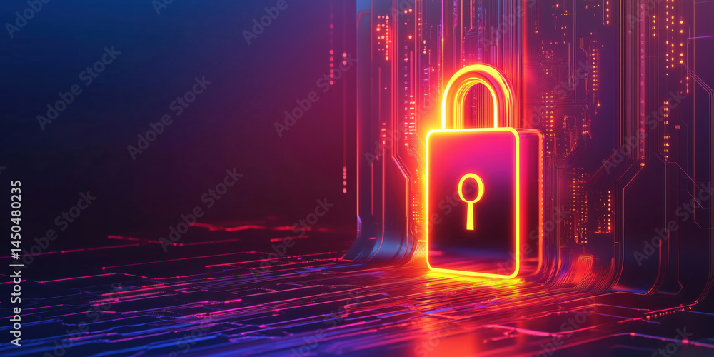 Aufkleber digital padlock symbolizing cybersecurity and data protection in a futuristic environment.