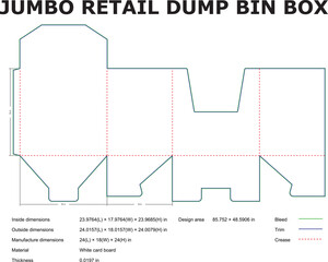 Detailed diagram of a jumbo retail dump bin box template with dimensions for manufacturing and design purposes