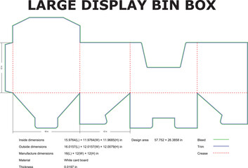 Vector blueprint illustration detailing a large cardboard display bin box with dotted crease lines and measurements