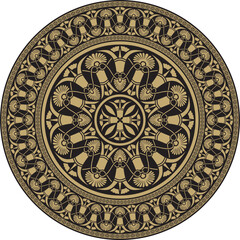 Vector gold with black classic Greek round ornament. Circle of Ancient Greece and the Roman Empire. Byzantine painting of walls, floors and ceilings. Decoration of European palaces.
