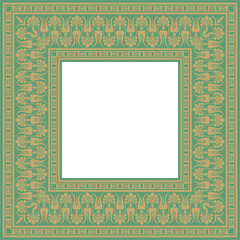 Vector gold with green classic Greek square ornament. Rectangle of Ancient Greece and Roman Empire. Byzantine painting of walls, floors and ceilings. Decoration of European palaces.

