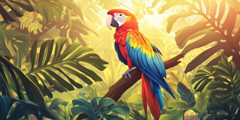 Colorful macaw perched on branch in lush tropical rainforest setting.