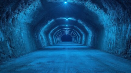 Mysterious blue lit tunnel dark passageway underground road