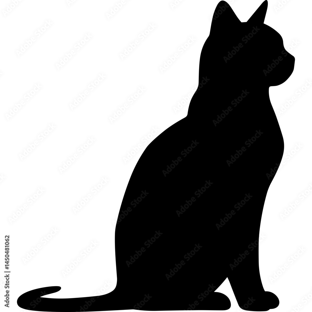 Poster silhouette of sitting cat with tail and pointed ears in black color. cat silhouette sitting profile 
