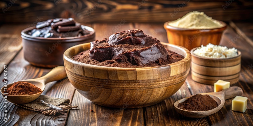 Poster a wooden bowl filled with cocoa powder and chocolate paste on a rustic wooden surface, surrounded by