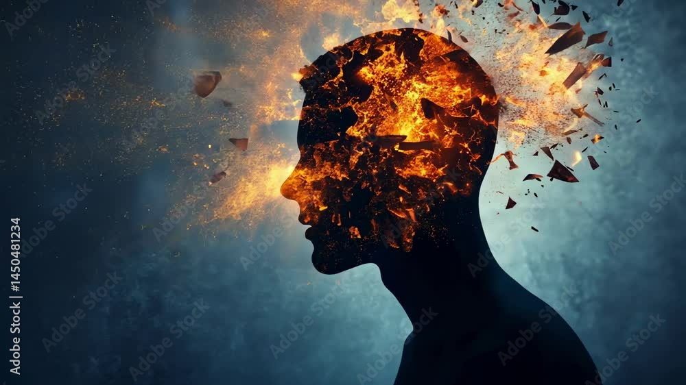 Poster silhouette of a man with burning head exploding in a shower of embers, representing mental health is