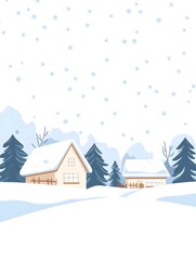 Snowy village scene with houses covered in snow, surrounded by evergreens under a lightly snowing sky