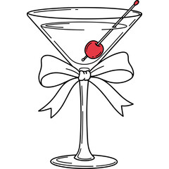 Martini glass with cherry and bow illustration in black and white line art style for holiday celebration. Cocktail glass with olive and ribbon drawing for party decoration in minimalist design