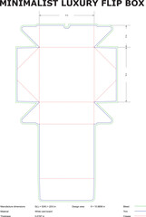 A detailed vector illustration showing the flat die-cut template for a minimalist luxury flip box with precise measurements for packaging design.