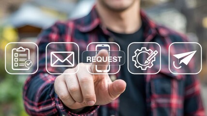 Close-up view of a person selecting a request option on a digital interface.