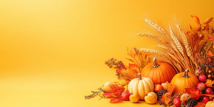 Autumn harvest display with pumpkins, wheat, and colorful fall leaves on orange background.