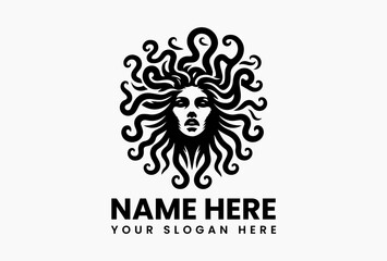 Minimal Medusa face vector logo design with serpent hair, ancient Greek mythology symbol isolated on white background for bold and powerful branding use 